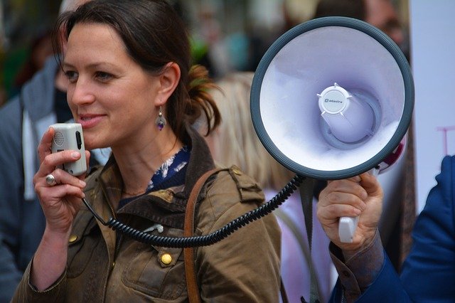 protestor with megaphone